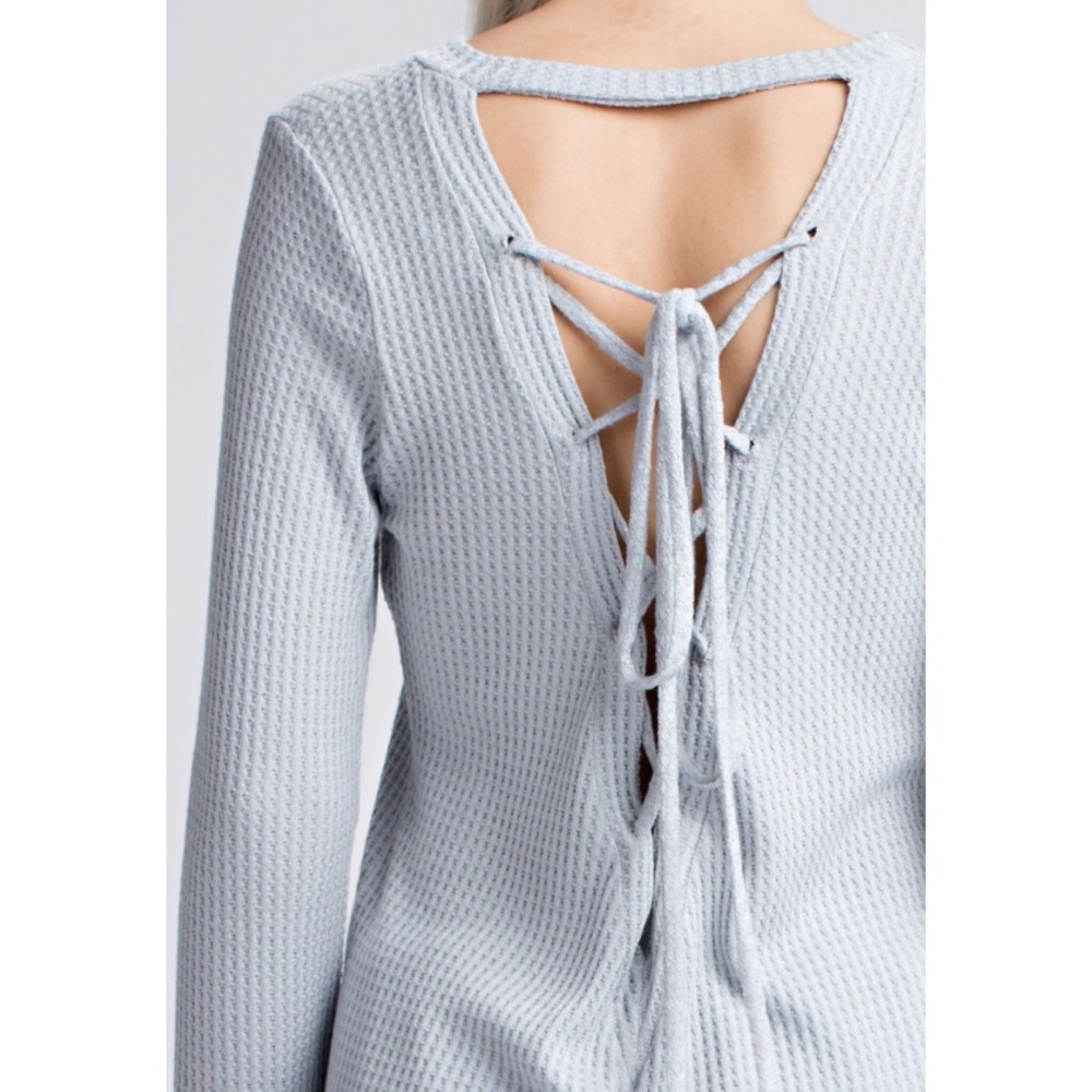 NEW Honey Punch Grey Lace Up Back Waffle Knit Top - Picture 2 of 3